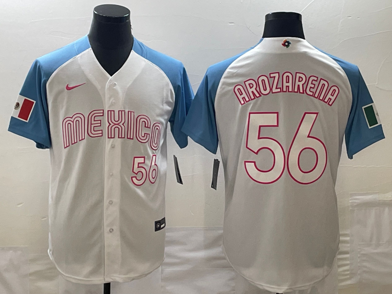 Men's Mexico Baseball #56 Randy Arozarena 2023 White Blue World Baseball Classic With Patch Stitched Jersey Men's Mexico Baseball #56 Randy Arozarena 2023 White Blue World Baseball Classic With Patch Stitched Jersey